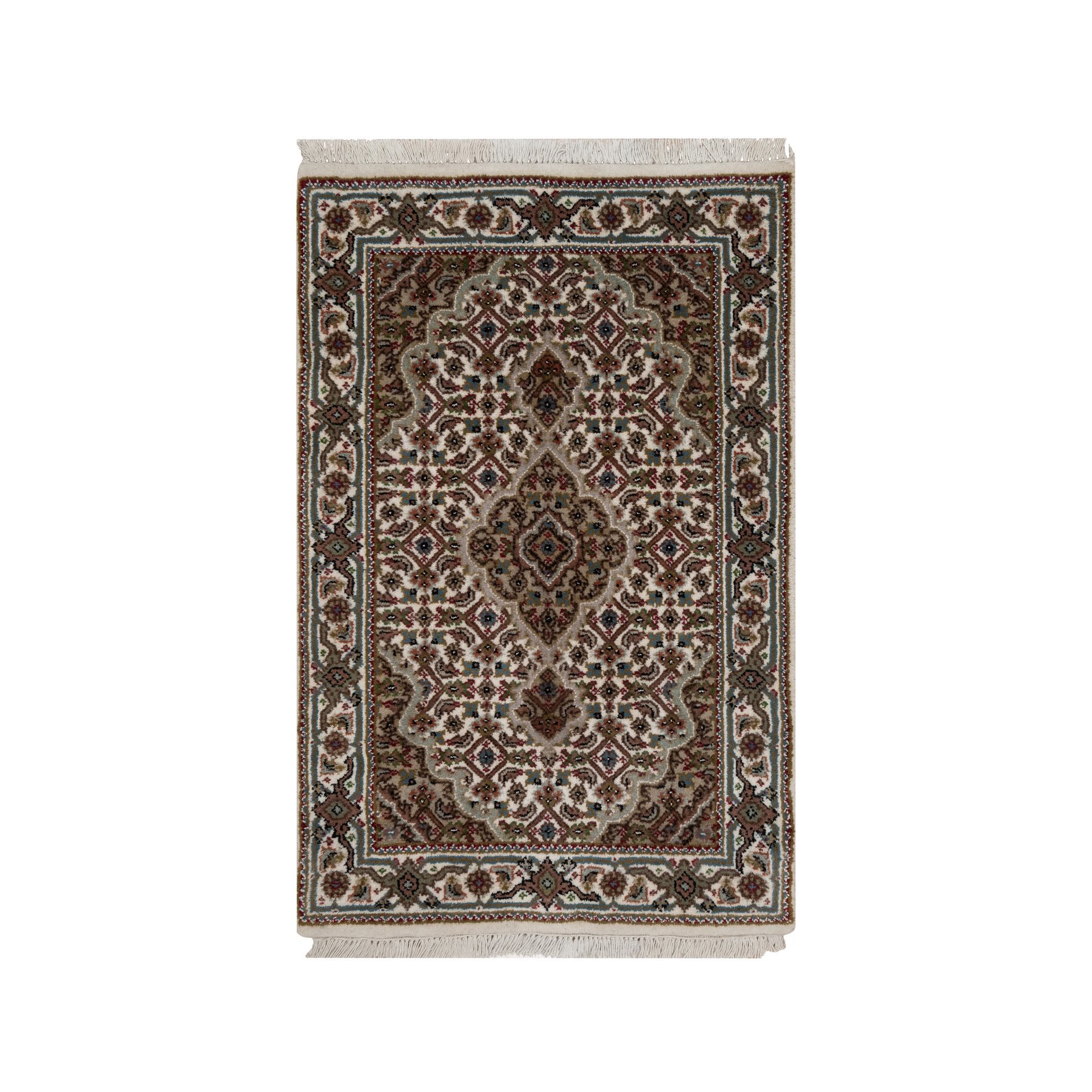 2'x3' Oyster White, Hand Knotted, Tabriz Mahi with Fish Medallion Design, Pure Wool, Denser Weave, Mat, Oriental Rug